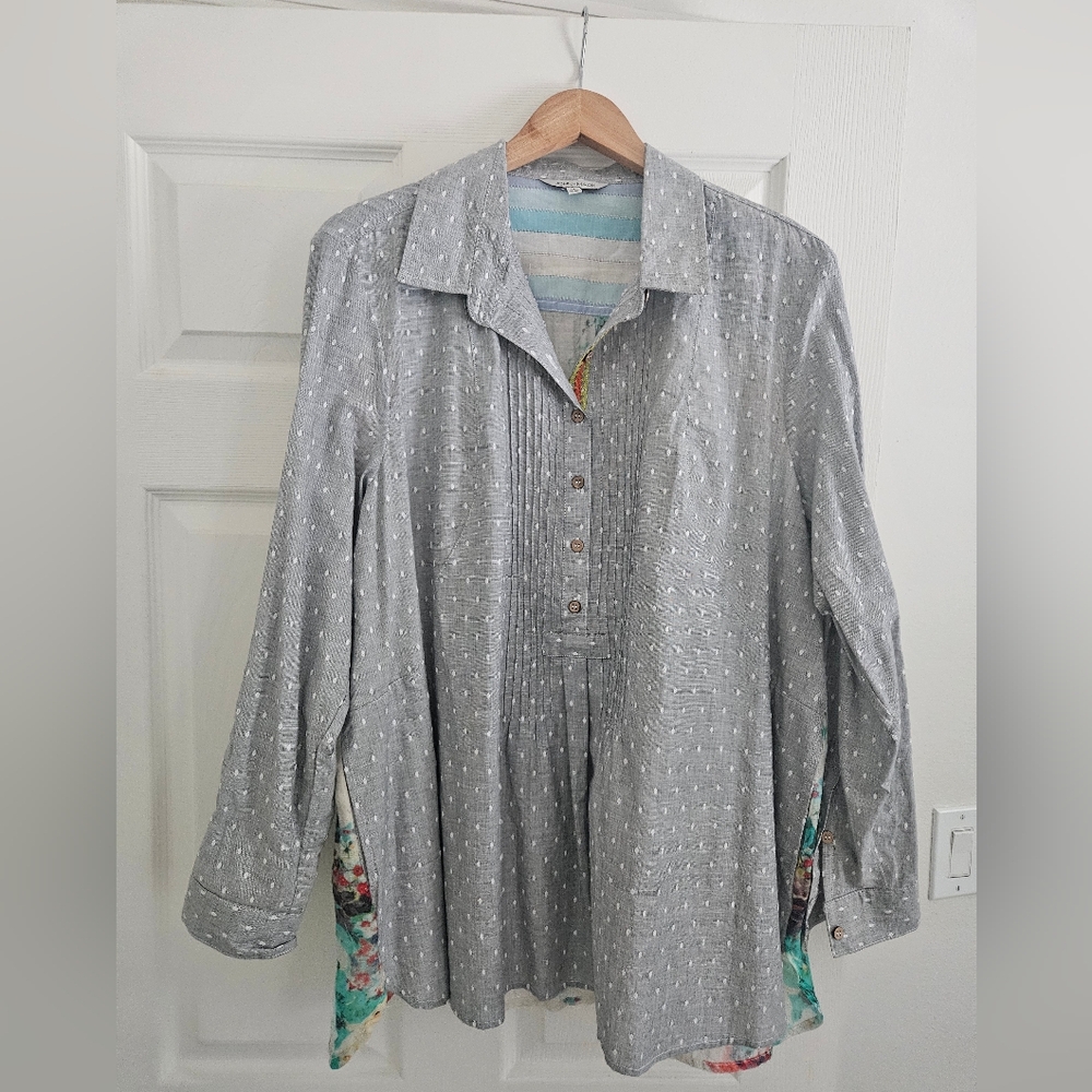 NWT John Mark Mixed Media Polka Dot Boho Embroidered Floral Detailed Shirt XL